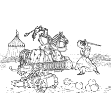 coloring page: Scene with a knight and a soldier, with a weapon and a gun in the background of a tent