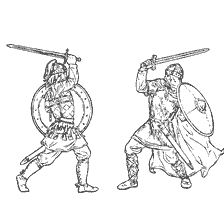 coloring page: The duel of ancient soldiers - Byzantine and Russian vigilante with swords