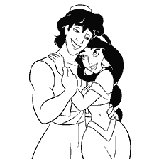 pagina da colorare: Abbraccio di Aladdin e Jasmine, esprimendo il loro amore