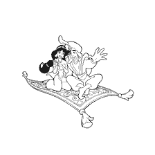 pagina da colorare: Aladdin e Jasmine su un piano tappeto