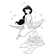 pagina da colorare: Princess Jasmine vola un tappeto sopra la città