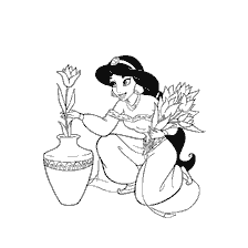 pagina da colorare: Principessa Jasmine da Aladdin raccogliere fiori vicino a una brocca