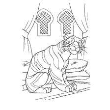 pagina da colorare: Tiger Raja siede in una stanza con cupole e tende