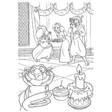 pagina da colorare: Aladdin, Jasmine e altri personaggi del palazzo con tratti