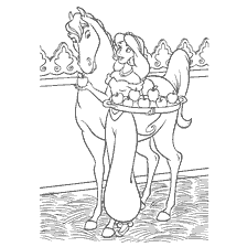 pagina da colorare: Principessa Jasmine con un cavallo e un piatto di mele
