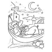 pagina da colorare: Aladdin e il suo fedele amico Abu riposo in un hammock sotto il cielo stellato