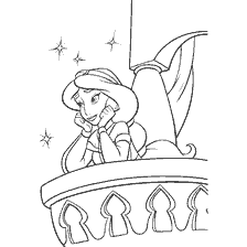 pagina da colorare: La colorazione di Aladdin. Jasmine sul balcone guardando le stelle.