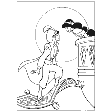 pagina da colorare: Aladdin e Jasmine su un piano tappeto