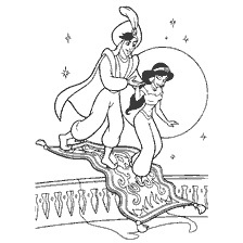pagina da colorare: Aladdin e Jasmine volano su piano tappeto