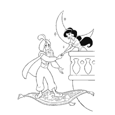 pagina da colorare: Aladine e Jasmine su un piano tappeto