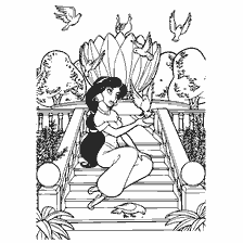 pagina da colorare: Principessa Jasmine gioca con gli uccelli in bel giardino