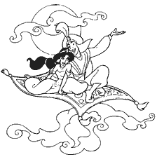 pagina da colorare: Aladdin e Jasmine su un piano tappeto