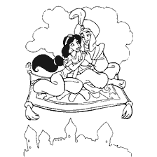 pagina da colorare: Aladdin e Jasmine su un piano tappeto
