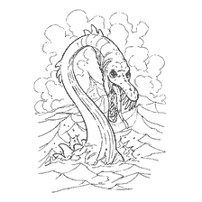 kleurplaat: Tekening van een zeeslang met een open mond, omgeven door golven en wolken