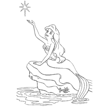 pagina da colorare: La sirena, galleggiando sulla superficie del mare, tira la mano alla stella.