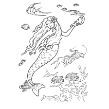 coloring page: Coloring Mermaids with marine inhabitants