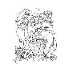 coloring page: Illustration from Hans Christian Andersen's fairy tale, where a witch cooks a potion and a mermaid watches.