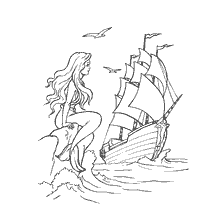 coloring page: A mermaid sitting on a rock next to a ship