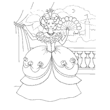 kleurplaat: Een tekening van een prinses met een ventilator op het balkon