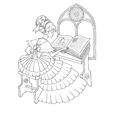 kleurplaat: De prinses zit aan tafel met een open boek in haar handen en leest sprookjes.