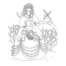 kleurplaat: Prinses met een mand bloemen op de achtergrond van de molen