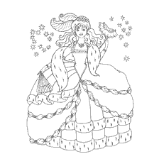 kleurplaat: Kleurende prinses op het bal met een lange jurk en accessoires.