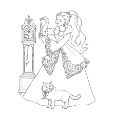 kleurplaat: Prinses in een mooie jurk met een kat en een horloge
