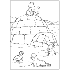 pagina da colorare: Immagine colorante con orso polare Lars e i suoi amici vicino alla casa di Eskimo.