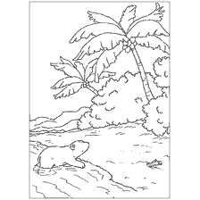pagina da colorare: Cubo di orso bianco Lars sulla riva con palme e gamberi.