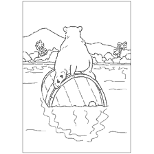 pagina da colorare: Avventure dell'orso polare Lars. Lars è seduto su un barile in acqua.