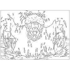 pagina da colorare: Immagine colorante di un ippopotamo spaventoso che salta fuori dall'acqua
