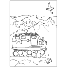 pagina da colorare: Illustrazione con veicoli all-terrain e animali sullo sfondo delle montagne