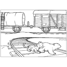 pagina da colorare: Piccolo orso e tigre cubo sui binari accanto al treno