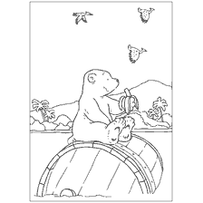 pagina da colorare: L'orso polare Lars nuota su un barile, tenendo una banana nelle sue zampe.