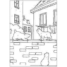 pagina da colorare: Lars e il gatto sullo sfondo della strada della città