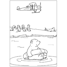 pagina da colorare: Bear Lars in un cerchio con un aereo e pinguini