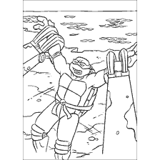 pagina da colorare: Michelangelo di Tartarughe Ninja detiene i suoi nunchucks sullo sfondo della spiaggia