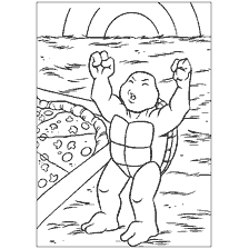 pagina da colorare: Colorare un Ninja Tartaruga con una tartaruga allegramente alzando le mani accanto a una pizza.