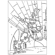 pagina da colorare: Rafael di Tartarughe Ninja con una spada bilaterale contro un robot