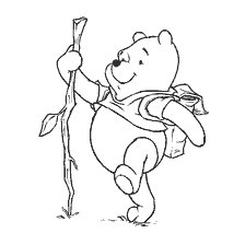 coloring page: Winnie Bear with a stick and a backpack on his back