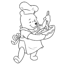 coloring page: Winnie the bear in a cook's cap with a bowl