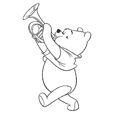 coloring page: Winnie Bear plays the trumpet