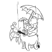 coloring page: Winnie Bear, Piglet and Ea on a zebra under an umbrella