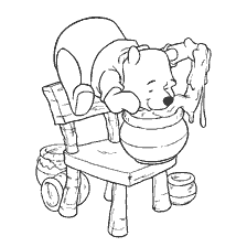 coloring page: Winnie Bear sitting on a chair enjoying potted honey