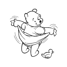 coloring page: Winnie Bear, happily moving after the bath, with a small duck next to him.