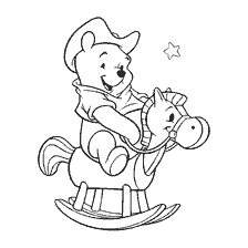 coloring page: Winnie the bear in a cowboy outfit rolling on a wooden horse