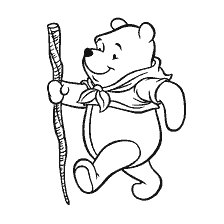 coloring page: Winnie Bear with a stick, preparing for a hike