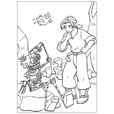 pagina da colorare: Racrak con i personaggi principali del Treasure Planet: un giovane e un robot
