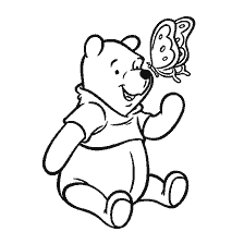 coloring page: Winnie Bear smiles and plays with a butterfly