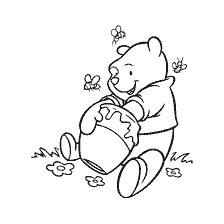 coloring page: Winnie the Pooh bear with a can of honey surrounded by bees and flowers